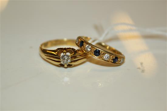 18ct gold & diamond ring & another, half  hoop diamond & sapphire ring